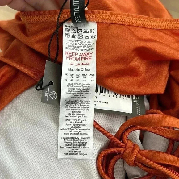 4/$25 NWT PrettyLittleThing Orange Scoop Neck Halter Style Ruched Swimsuit Sz 10 - Picture 5 of 8